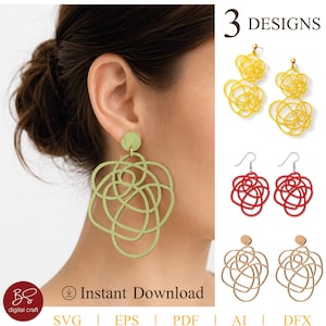 Pode incluir: Três designs de brincos com um padrão circular abstrato de linhas entrelaçadas. O conjunto inclui versões em amarelo brilhante, vermelho vibrante e ouro metálico. O texto 3 DESIGNS, Instant Download, SVG, EPS, PDF, AI e DFX é visível.
