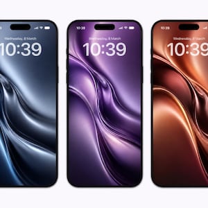 May include: Three smartphones displayed side-by-side, each featuring a black frame and a screen showing the time 10:39 and date Wednesday, 8 March. The screens display abstract, fluid, metallic-looking wallpaper in blue, purple, and copper tones.
