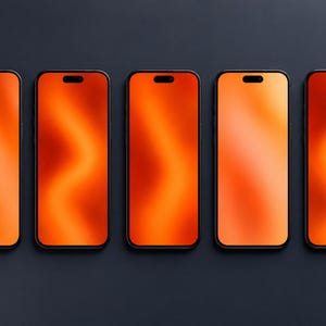 Könnte beinhalten: Fünf Smartphones in einer horizontalen Reihe, jedes mit einem schwarzen Rahmen und einem leuchtend orangefarbenen Bildschirm mit einem weichen, verschwommenen, wellenförmigen Verlaufsmuster. Jedes Gerät hat eine kleine, dunkle, pillenförmige Aussparung.