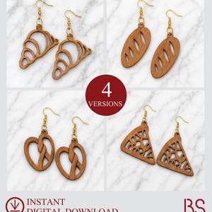 May include: Four pairs of laser-cut wooden earrings featuring food-themed designs including croissants, baguettes, pretzels, and pizza slices. Each pair hangs from gold-toned metal hooks. The image includes the text 4 VERSIONS and INSTANT DIGITAL DOWNLOAD SVG EPS PDF AI DFX.