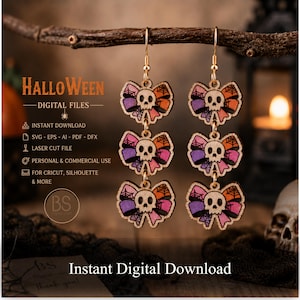 Archivo SVG para corte láser de pendientes de lazo con calavera de Halloween, plantilla de pendientes colgantes con lazo espeluznante, archivo vectorial para Cricut Glowforge, descarga comercial.