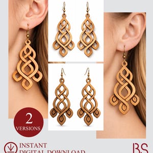 May include: Two pairs of light brown wooden drop earrings featuring an intricate, symmetrical, interlaced knotwork design. The earrings hang from bronze-colored metal hooks. The image includes text indicating 2 versions and instant digital download.