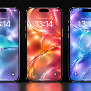 Könnte beinhalten: Drei Smartphones nebeneinander, jedes mit einem lebendigen, abstrakten Hintergrundbild im Flüssigkeitsstil in violetten, orangen und blauen Verläufen. Die Bildschirme zeigen die Uhrzeit 13:14 und das Datum Montag, 20. Mai, mit einer mittigen Kameraaussparung.