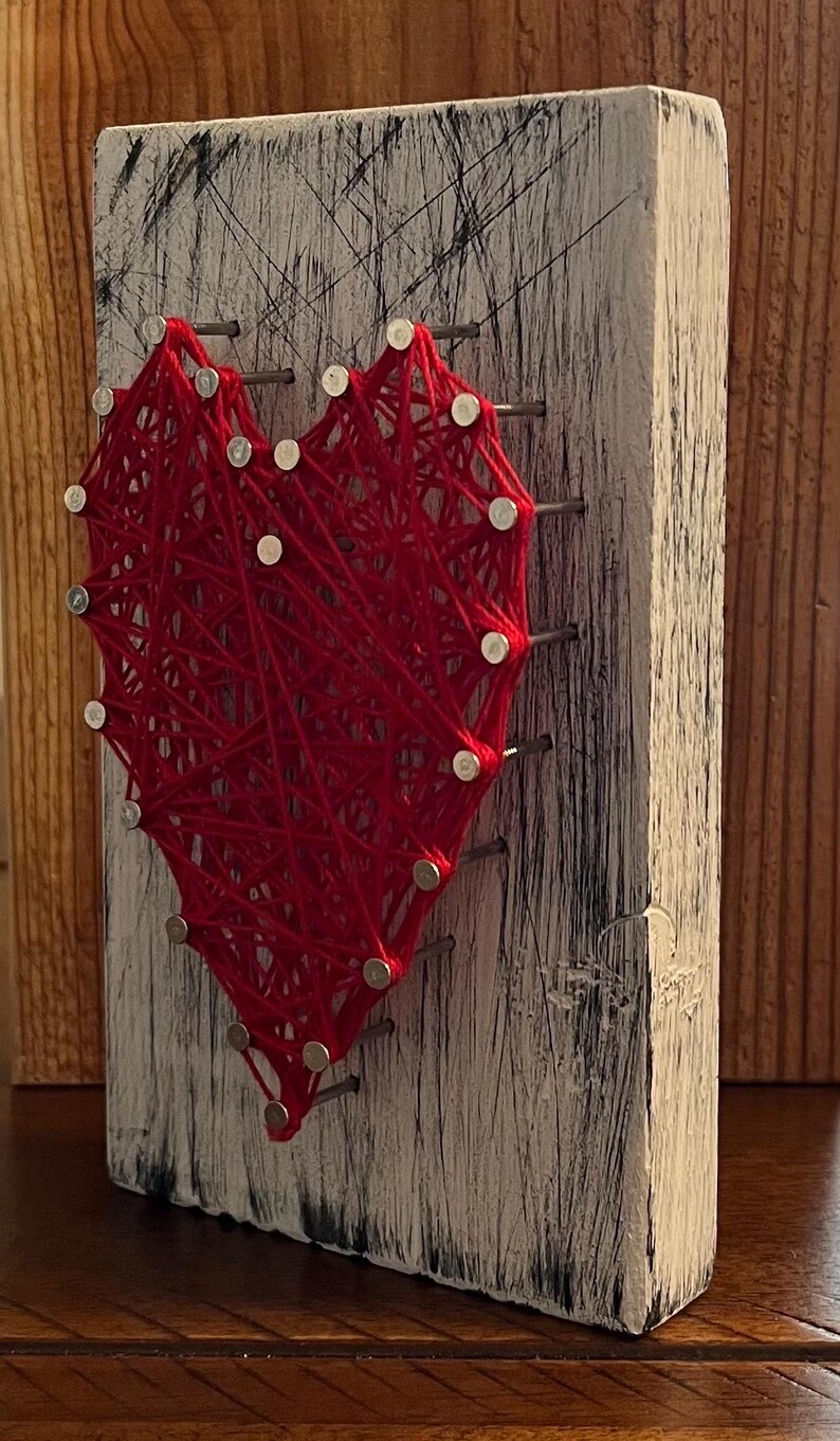 Red Heart String Art on Rustic Block Etsy