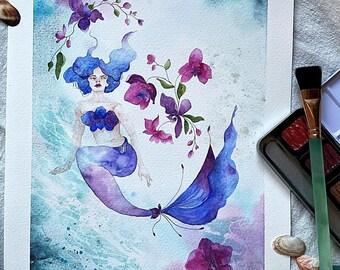 Mermaid in the Sea Watercolor Original Painting Wall Art