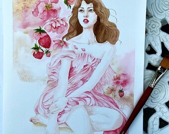 Original Watercolor Painting Wall Art-Strawberry Layer Cake
