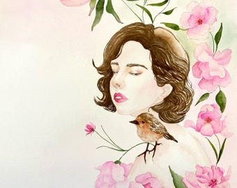 Bloom Girl 6 Watercolor Original Painting Wall Art