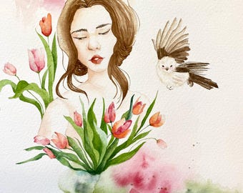 Bloom Girl 5 Watercolor Original Painting Wall Art