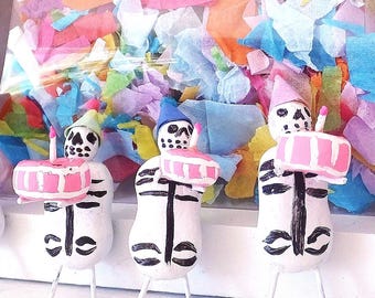 Mini Dia de los Muertos Figurine: Birthday Party Skeleton with Cake