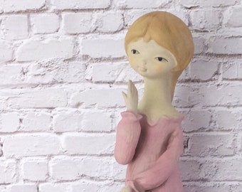 Long Neck Girl Figurine with White Poodle Vintage 1960's 1970's Girl Sculpture like Takahashi UTCTI Stoneware Figure Girl in Pink Dress