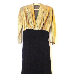 Robe de cocktail vintage en velours des années 40 : doré et noir, taille S