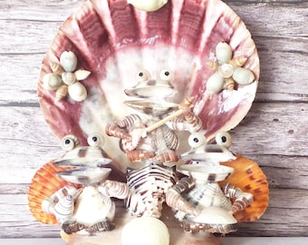 Seashell Frog Band Sculpture Novelty Sea Shell Figurine Whimsical Eclectic Souvenir Curiosity Beach Decor