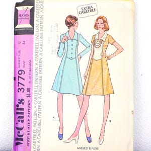 1970s McCalls Sewing Pattern 3779: Retro 1930s/40s Style Dress, Size 12, UNCUT