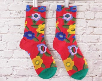 Red Deco Socks Floral Socks Cute Flower Socks Art Deco Flower Socks Gift Mom Gardener Socks Size 9-11 Friend Gift Socks for Gift Basket