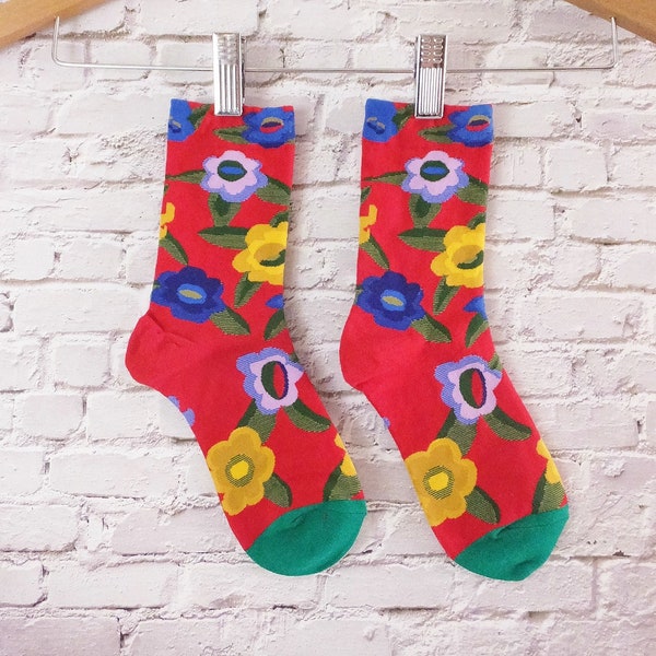 Red Deco Socks Floral Socks Cute Flower Socks Art Deco Flower Socks Gift Mom Gardener Socks Size 9-11 Friend Gift Socks for Gift Basket