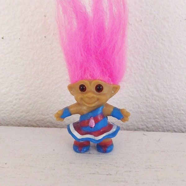 Vintage 1990's Treasure Troll Girl Doll Troll with Jewel Belly Troll in Dress Pink Hair Troll Mini Troll Doll 90's Toy Collectible Troll Toy