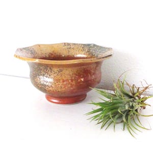 May include: A small, handcrafted ceramic bowl with a flared rim. The bowl features a speckled, earthy color palette of brown, tan, and red. A small air plant rests beside the bowl, adding a touch of green.