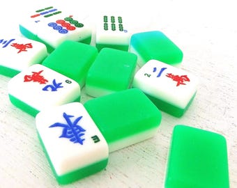 Vintage Green & White Mahjong Tiles: Acrylic Game Pieces, Jewelry Supply (Set of 12