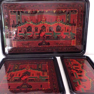 Mid Century Lacquered Tray Set: Burmese Sgraffito Carved Wood, Asian Boho Decor