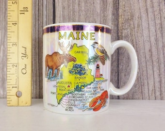 Maine Souvenir Mug Lusterware Finish Vtg Souvenir Mug Maine New England Souvenir Mug Souvenir Cup Maine Map Mug Caribou Lighthouse Lobster