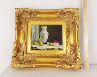 Fine Art Oil Painting Still Life of Oriental Vase & Fruits with Ornate Gold Frame Classic Decor Traditional Decor Thick Gold Frame Realism