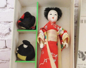 Vintage Japanese Doll w/ Wigs Geisha Doll Original Box Hanako Doll with Six Wigs Katsuraningyo Doll Kimono Doll Dressing Doll Made in Japan