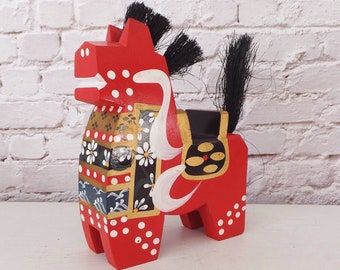 Red Japanese Horse Figurine Yawata-Uma Traditional Folk Art Handpainted and Carved Sculpture Hachinohe Migoma Made in Japan Art Object Dala