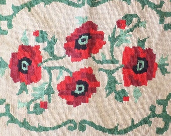 Vintage 1970's Poppy Textile Needlepoint on Burlap Sack Red & Green Oriental Poppy Needlepoint Panel Red Poppies Decor Vintage Textile Panel