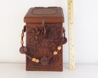 Vintage Wooden Carved Wooden Letter Box Hippie Box for Love Letters Porch Letterbox Vintage 1970's Box Handmade Wood Floral Boho 70's Beaded