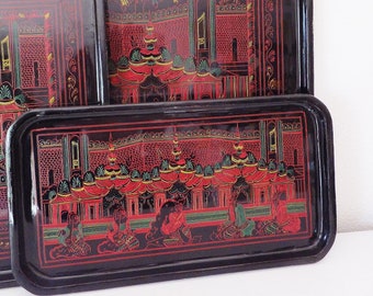 Vintage Burmese Lacquered Tray Set Mid Century Thai Asian Indonesian Tray Set Lacquer Carved Sgraffito Tray Black Red Decor Asian Boho Decor