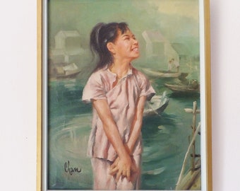 Vintage Mid Century Asian Painting Laughing Girl Shy Girl Asian Girl Painting Green Pink Vintage 1950's Painting Vtg 60's Painting Fine Art