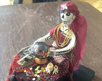 Fortune Teller La Pitonisa Dia de los Muertos Mexican Inspired Figurine Day of the Dead Skeleton Gypsy Occult Mystic Sculpture Witch Decor