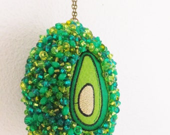 Handmade Green Beaded Avocado Ornament Large Plush Ornament Embroidered Beaded Fruit Christmas Ornament Kitchen Food Ornament