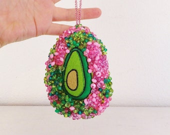 Beaded Avocado Ornament Handmade Green & Pink Large Plush Ornament Embroidered Beaded Fruit Christmas Ornament Kitchen Food Ornament