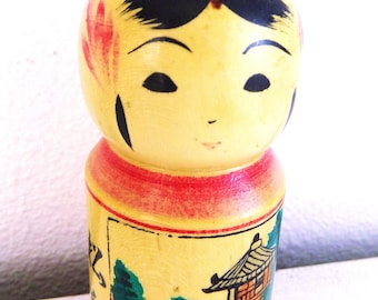 Vintage Hand-Painted Kokeshi Doll Candleholder: Japanese Folk Art Decor