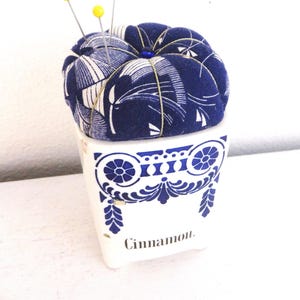 Art Deco Teacup Pincushion: Blue & White Vintage Sewing Accessory