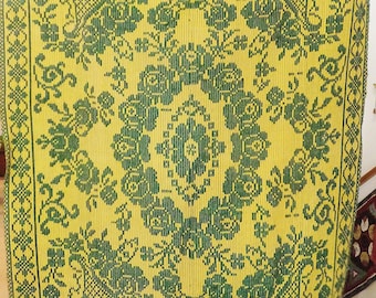 Vintage Bohemian Floral Green & Yellow Rug Textile Sofa Blanket Ornate Maximalist Decor Thick Tablecloth Wall or Floor Upholstery Textile