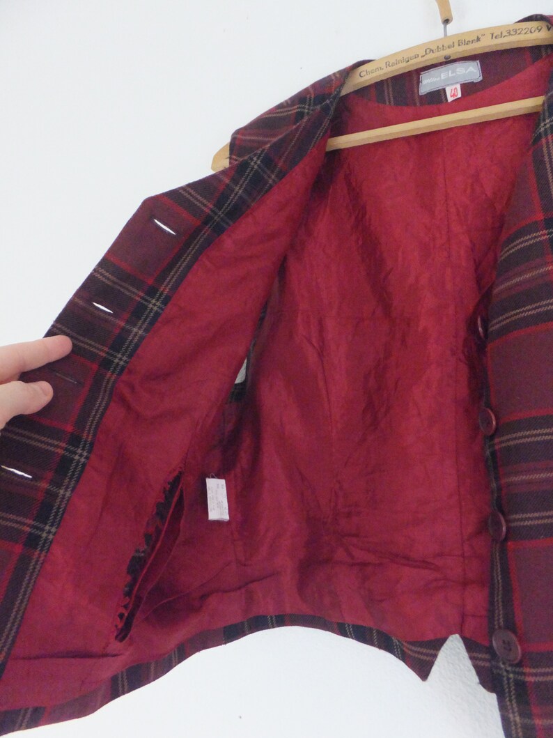 Vintage Red Plaid Vest Women/'s French Women/'s Size 40 Vest Size Small Vest Dark Red Plaid Top Miss Elsa Brand Vest Wool /& Polyester Blend