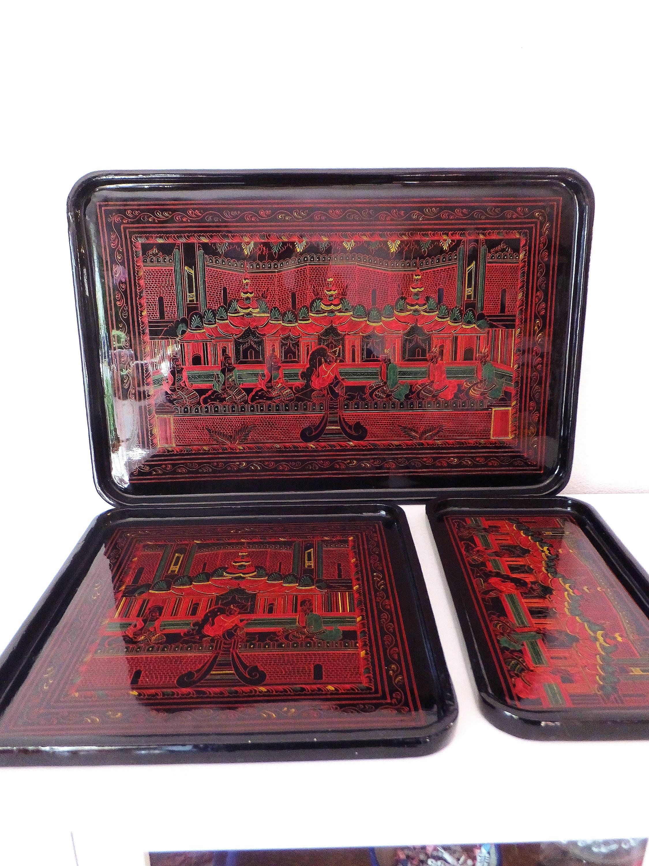 Vintage Burmese Lacquered Tray Set Mid Century Thai Asian