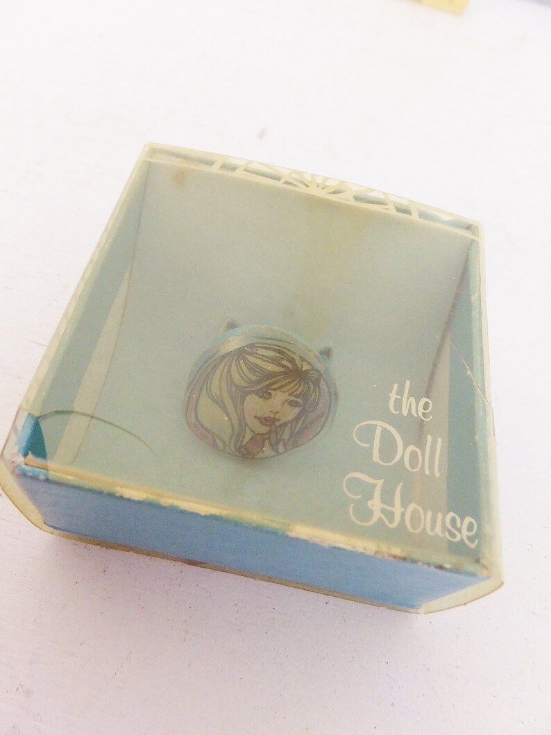 RARE Vintage 1960's Barbie Ring Collectible The Doll House Toy Ring Blue Plastic Original Package Blue Ring Doll Ring Blonde Girl Lipstick image 6