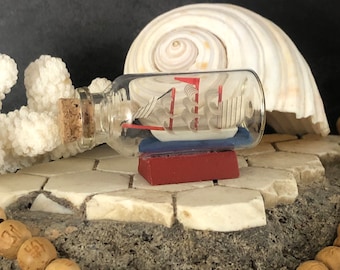 Mini Ship in a Bottle Miniature 1:12 Ship in Bottle Beach House Decor Adventurer Decor Small Ship Boat in Bottle Red and Blue Mini Decor