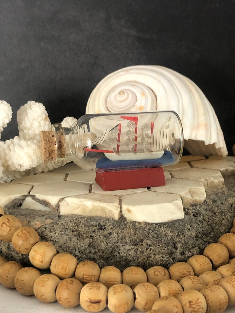 Mini Ship in a Bottle Miniature 1:12 Ship in Bottle Beach House Decor Adventurer Decor Small Ship Boat in Bottle Red and Blue Mini Decor image 1