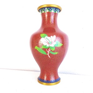 Vintage Chinese Cloisonne Vase: Red Peony Floral Enamel, Asian Decor image 3