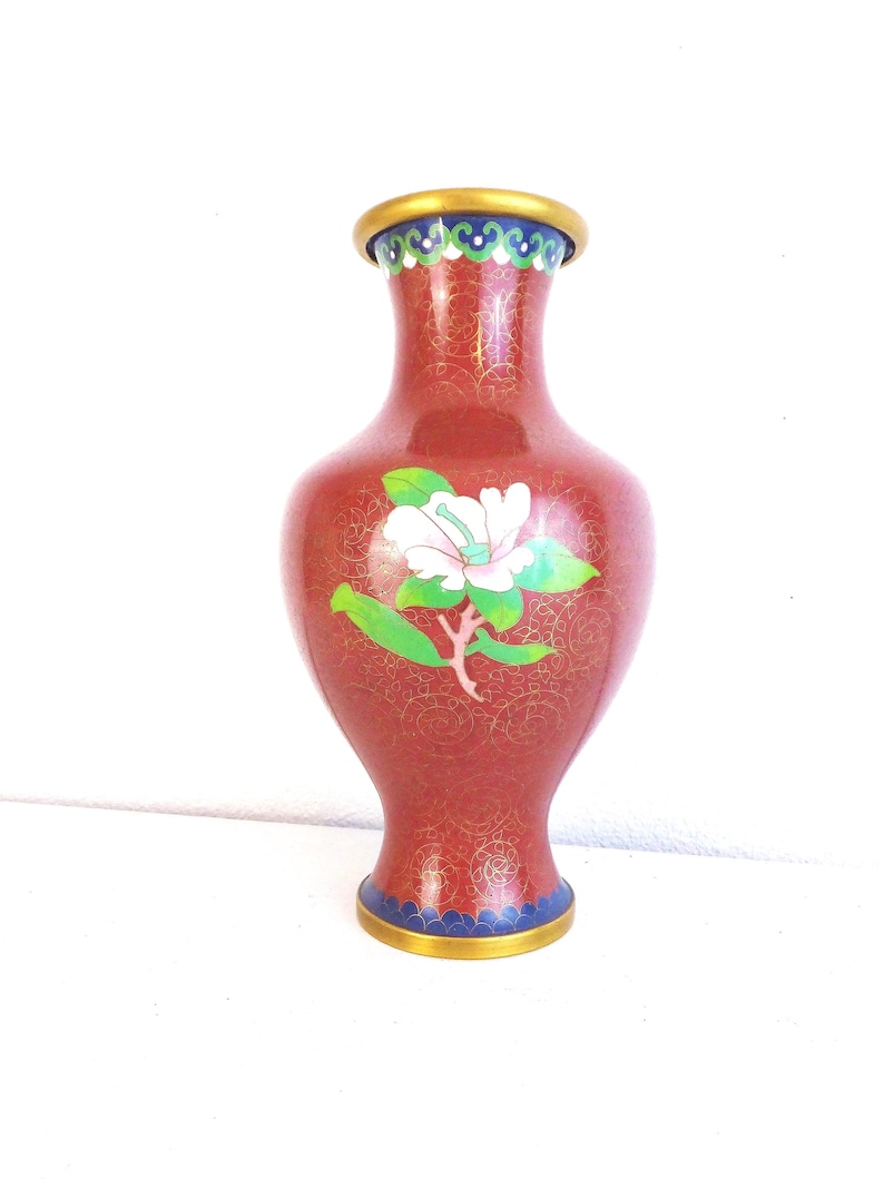 Vintage Chinese Cloisonne Vase: Red Peony Floral Enamel, Asian Decor image 3