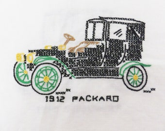 Model T Automobile Cross Stitch Embroidered Textile Panels Car Memorabilia Gift for Car Lover Sewing Ephemera Needlepoint Embroidery Fabric