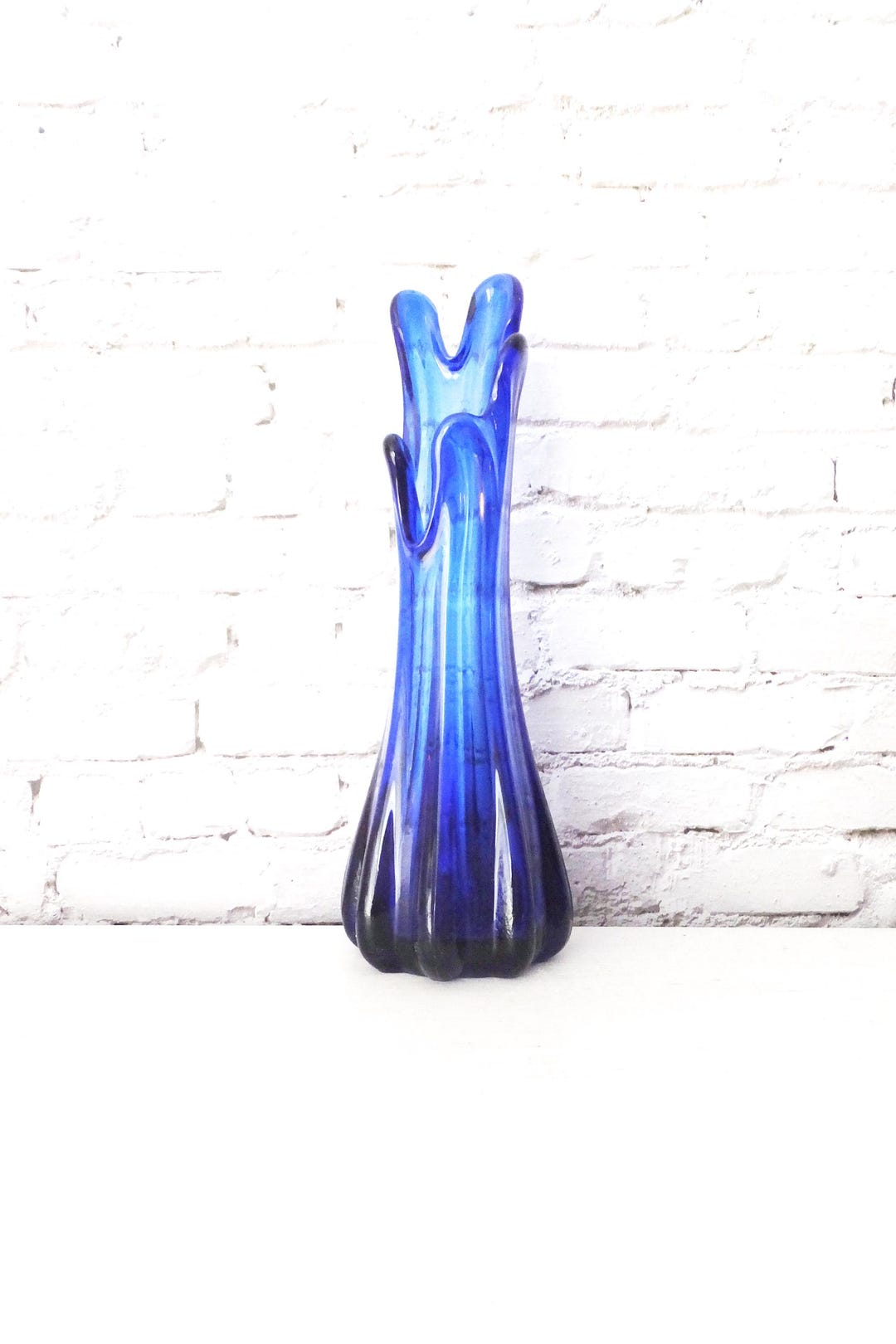 Vintage Cobalt Blue Art Glass Vase, Mid Century Modern, 9" Swung Vase ...