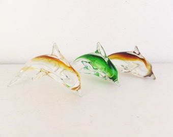 Vintage Art Glass Dolphins Murano Glass Style Solid Glass Dolphins Beach Home Decor Mid Century Dolphins Green Brown Dolphin Sculpture