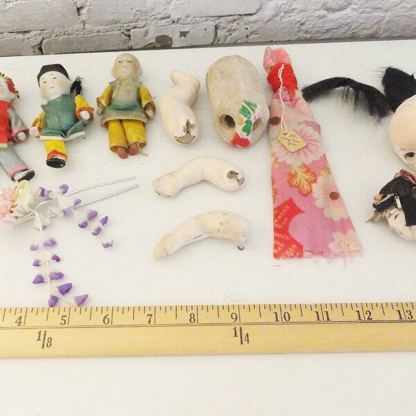 Lot of Old Asian Doll Objects for Assemblage Art Antique Children's Toy Parts Doll Legs Torso Dolly Head Vintage Japanese & Chinese Spooky