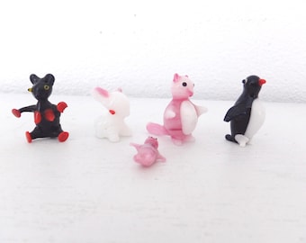 Vintage Lampwork Glass Animal Figurines: Bunny, Teddy Bear, Penguin