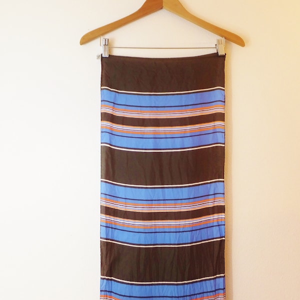 Vintage 1960's Striped Scarf Mid Century Scarf Long Scarf Silk & Rayon Scarf Neck Scarf Silky Scarf Blue Brown Orange White Striped Scarf